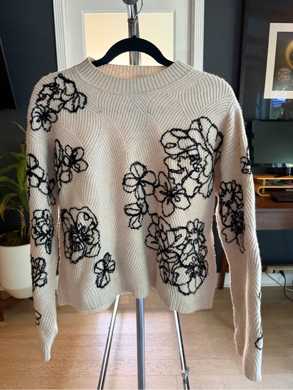 Floral Embroidered Crewneck Sweater - Cream with Black Floral